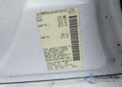 2013 Nissan Altima 2.5 Sl from USA, damaged, VIN 1N4AL3AP1DN584853